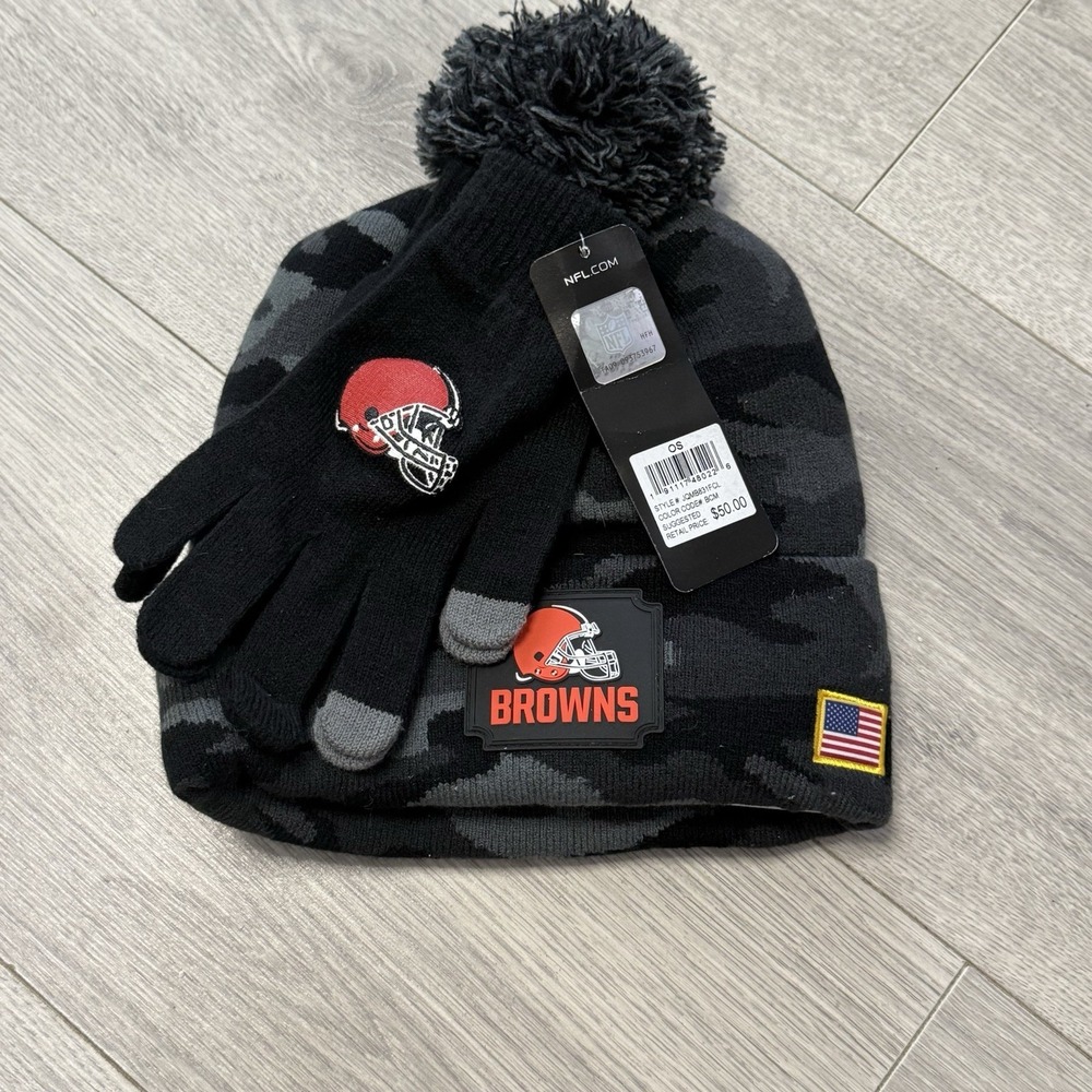 NWT Cleveland Browns NFL Black Camo Beanie & Glove Salute to Service Set NEW!